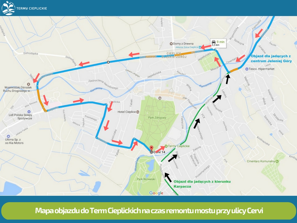 Mapa objazdu na czas remontu mostu przy ul. Cervi 3